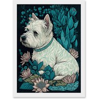 Artery8 West Highland White Terrier Sitting in Flower Field Modern Dark Illustration Artwork Framed Wall Art Print A4