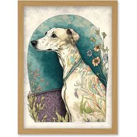 Artery8 Whippet Dog with Flowers Modern Multicoloured Watercolour Illustration Artwork Framed Wall Art Print A4 in Light Oak
