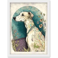 Artery8 Whippet Dog with Flowers Modern Multicoloured Watercolour Illustration Artwork Framed Wall Art Print A4 in White