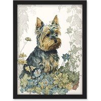Artery8 Yorkshire Terrier Dog in Wildflowers Watercolour Illustration Artwork Framed Wall Art Print A4 in Black