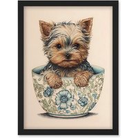 Artery8 Cute Teacup Yorkshire Terrier Dog in Floral Pattern Tea Cup Watercolour Illustration Artwork Framed Wall Art Print A4 in Black