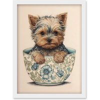 Artery8 Cute Teacup Yorkshire Terrier Dog in Floral Pattern Tea Cup Watercolour Illustration Artwork Framed Wall Art Print A4 in White
