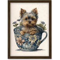 Artery8 Cute Teacup Yorkshire Terrier Dog & Flowers in Floral Tea Cup Modern Watercolour Illustration Artwork Framed Wall Art Print A4 in Brown