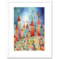 Artery8 Wall Art Print Celebration Day Cityscape Processional Street Folk Art Watercolour Painting Artwork Framed 9X7 Inch in White | Size: W7" x H9"