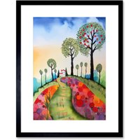 Artery8 Wall Art Print Countryside House Path With Flowerbeds Folk Art Landscape Watercolour Painting Artwork Framed 9X7 Inch | Size: W7" x H9"