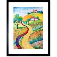 Artery8 Wall Art Print Countryside Path In Spring Folk Art Landscape Watercolour Painting Artwork Framed 9X7 Inch in Black | Size: W7" x H9"