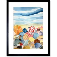 Artery8 Wall Art Print Seaside Beachcombing Colourful Seashells & Beach Pebbles Watercolour Painting Artwork Framed 9X7 Inch | Size: W7" x H9"