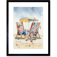 Artery8 Wall Art Print Elderly Couple Enjoying A Summer Beach Day Watercolour Artwork Framed 9X7 Inch in Black | Size: W7" x H9"