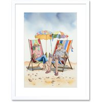 Artery8 Wall Art Print Elderly Couple Enjoying A Summer Beach Day Watercolour Artwork Framed 9X7 Inch in White | Size: W7" x H9"