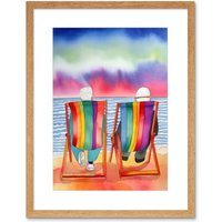 Artery8 Wall Art Print Elderly Couple Sitting At The Beach Looking At The Sunset Sky Watercolour Artwork Framed 9X7 Inch in Beige | Size: W7" x H9"