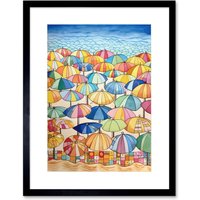 Artery8 Wall Art Print Summer At The Seaside With Colourful Beach Umbrellas On The Sand Watercolour Painting Artwork Framed 9X7 Inch