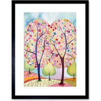 Artery8 Wall Art Print Two Trees Blooming In Spring Folk Art Watercolour Painting Artwork Framed 9X7 Inch in Black | Size: W7" x H9"