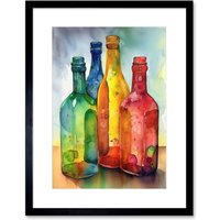 Artery8 Wall Art Print Coloured Glass Cider Bottles Still Life Watercolour Painting Artwork Framed 9X7 Inch in Black | Size: W7" x H9"