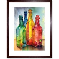Artery8 Wall Art Print Coloured Glass Cider Bottles Still Life Watercolour Painting Artwork Framed 9X7 Inch in Brown | Size: W7" x H9"