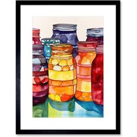Artery8 Wall Art Print Coloured Glass Canning Jars Still Life Watercolour Painting Artwork Framed 9X7 Inch in Black | Size: W7" x H9"