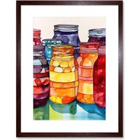Artery8 Wall Art Print Coloured Glass Canning Jars Still Life Watercolour Painting Artwork Framed 9X7 Inch in Brown | Size: W7" x H9"