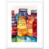 Artery8 Wall Art Print Coloured Glass Canning Jars Still Life Watercolour Painting Artwork Framed 9X7 Inch in White | Size: W7" x H9"