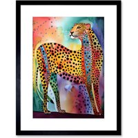 Artery8 Wall Art Print Colourful Cheetah Folk Art Watercolour Painting Artwork Framed 9X7 Inch in Black | Size: W7" x H9"