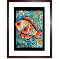 Artery8 Wall Art Print Clownfish In Coral Patterns Folk Art Watercolour Painting Artwork Framed 9X7 Inch in Brown | Size: W7" x H9"
