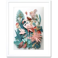 Artery8 Wall Art Print Tropical Plants & Birds Multi-Dimensional Paper Kirigami Artwork Framed 9X7 Inch in White | Size: W7" x H9"