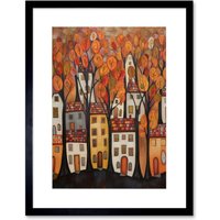 Artery8 Wall Art Print Cityscape With Trees In Autumn Contemporary Folk Art Painting Artwork Framed 9X7 Inch in Black | Size: W7" x H9"