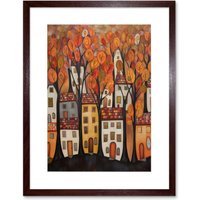 Artery8 Wall Art Print Cityscape With Trees In Autumn Contemporary Folk Art Painting Artwork Framed 9X7 Inch in Brown | Size: W7" x H9"
