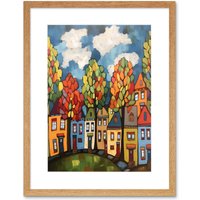 Artery8 Wall Art Print Multicoloured Row Of Houses With Autumn Trees Contemporary Folk Art Painting Artwork Framed 9X7 Inch in Beige | Size: W7" x H9"