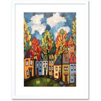 Artery8 Wall Art Print Multicoloured Row Of Houses With Autumn Trees Contemporary Folk Art Painting Artwork Framed 9X7 Inch in White | Size: W7" x H9"