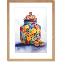 Artery8 Wall Art Print Cookie Jar Folk Art Watercolour Painting Kitchen Artwork Framed 9X7 Inch in Beige | Size: W7" x H9"