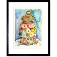 Artery8 Wall Art Print Glass Cookie Jar With Sweets Folk Art Watercolour Painting Kitchen Artwork Framed 9X7 Inch in Black | Size: W7" x H9"