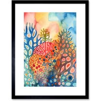 Artery8 Wall Art Print Coral Reef Folk Art Watercolour Painting Artwork Framed 9X7 Inch in Black | Size: W7" x H9"