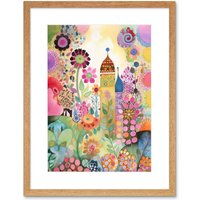 Artery8 Wall Art Print Countryside Garden Flowers In Spring Folk Art Watercolour Painting Artwork Framed 9X7 Inch in Beige | Size: W7" x H9"