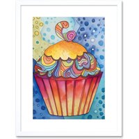 Artery8 Wall Art Print Cupcake With Colourful Frosting Folk Art Watercolour Painting Kitchen Artwork Framed 9X7 Inch in White | Size: W7" x H9"