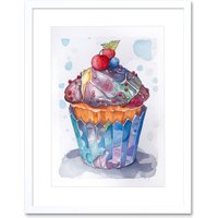Artery8 Wall Art Print Cupcake Icing With Fruit Folk Art Watercolour Painting Kitchen Artwork Framed 9X7 Inch in White | Size: W7" x H9"