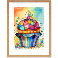 Artery8 Wall Art Print Cupcake With Colourful Frosting Watercolour Folk Art Painting Kitchen Artwork Framed 9X7 Inch in Beige | Size: W7" x H9"