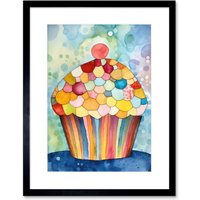 Artery8 Wall Art Print Rainbow Pattern Cupcake Folk Art Watercolour Painting Kitchen Artwork Framed 9X7 Inch in Black | Size: W7" x H9"
