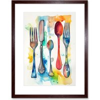 Artery8 Wall Art Print Cutlery Forks Spoons & Knife Watercolour Painting Kitchen Artwork Framed 9X7 Inch in Brown | Size: W7" x H9"