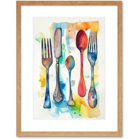 Artery8 Wall Art Print Cutlery Forks Spoons & Knife Watercolour Painting Kitchen Artwork Framed 9X7 Inch in Beige | Size: W7" x H9"