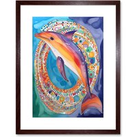 Artery8 Wall Art Print Rainbow Dolphin & Pattern Hoop Folk Art Watercolour Painting Artwork Framed 9X7 Inch in Brown | Size: W7" x H9"