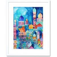 Artery8 Wall Art Print Morocco Cityscape Moonlight Folk Artwork Framed 9X7 Inch in White | Size: W7" x H9"