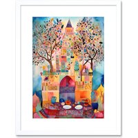 Artery8 Wall Art Print Eid Al-Fitr Feast Folk Art Watercolour Painting Artwork Framed 9X7 Inch in White | Size: W7" x H9"