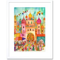 Artery8 Wall Art Print Islam Eid Al-Fitr Feast Folk Art Watercolour Painting Artwork Framed 9X7 Inch in White | Size: W7" x H9"