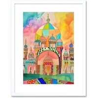 Artery8 Wall Art Print Abstract Mosque Islam Folk Artwork Framed 9X7 Inch in White | Size: W7" x H9"
