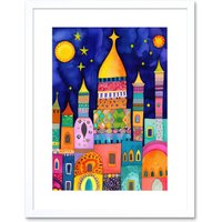 Artery8 Wall Art Print Islamic Cityscape Moonlight Mosque Folk Artwork Framed 9X7 Inch in White | Size: W7" x H9"
