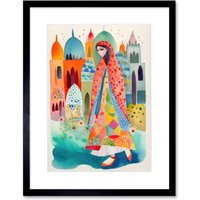 Artery8 Wall Art Print Hijab Muslim Woman with Buildings Folk Artwork Framed 9X7 Inch in Black | Size: W7" x H9"