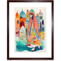 Artery8 Wall Art Print Hijab Muslim Woman with Buildings Folk Artwork Framed 9X7 Inch in Brown | Size: W7" x H9"