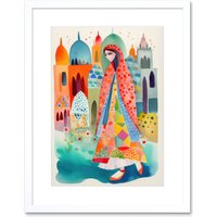 Artery8 Wall Art Print Hijab Muslim Woman with Buildings Folk Artwork Framed 9X7 Inch in White | Size: W7" x H9"