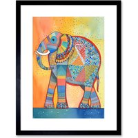 Artery8 Wall Art Print Elephant With Geometric Patterns Folk Art Watercolour Painting Artwork Framed 9X7 Inch in Black | Size: W7" x H9"
