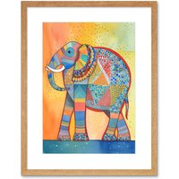 Artery8 Wall Art Print Elephant With Geometric Patterns Folk Art Watercolour Painting Artwork Framed 9X7 Inch in Beige | Size: W7" x H9"