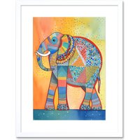 Artery8 Wall Art Print Elephant With Geometric Patterns Folk Art Watercolour Painting Artwork Framed 9X7 Inch in White | Size: W7" x H9"